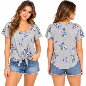 SO Womens Gray Floral Print Tie Hem T Shirt Scoop Neck Short Sleeve Medium